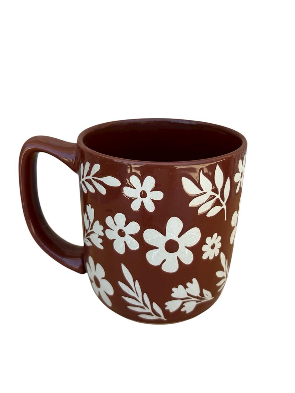 Sunday Morning Ceramics Embossed Floral‎ Brown White Ceramic Mug Cottagecore